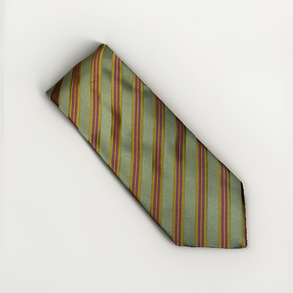 Josiah France Silk Tie Men OS Olive Green Striped Formal Business Dapper Classic